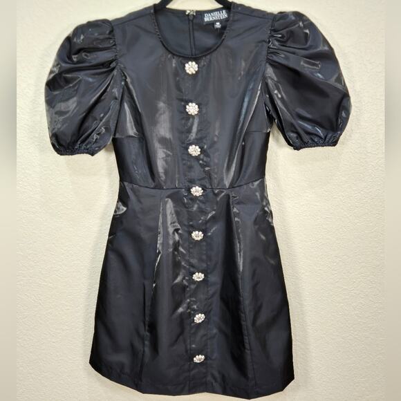 Danielle Bernstein Women’s Size 00 Puff Sleeve Satin Black Mini Dress MSRP $99 - Picture 1 of 14